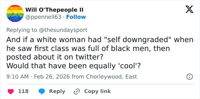 Tweet discussing first class cabin experience involving white middle aged men and micro-aggression on social media platform.