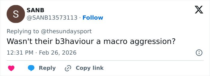 Screenshot of a tweet discussing micro-aggression in a first class cabin with white middle aged men, dated February 26, 2026.