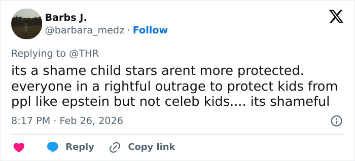 Tweet criticizing lack of protection for child stars, highlighting dark side of growing up famous in a controversial discussion.
