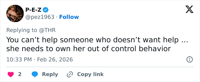 Tweet from P-E-Z discussing out of control behavior, relating to Lindsay Lohan exposing the dark side of growing up famous.
