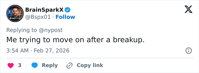 Tweet from BrainSparkX joking about trying to move on after a breakup, related to Florida man found trapped in mud.