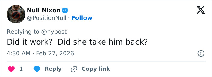 Tweet from Null Nixon questioning a breakup, posted on social media at 4:30 AM on February 27, 2026, about Florida man trapped in mud.