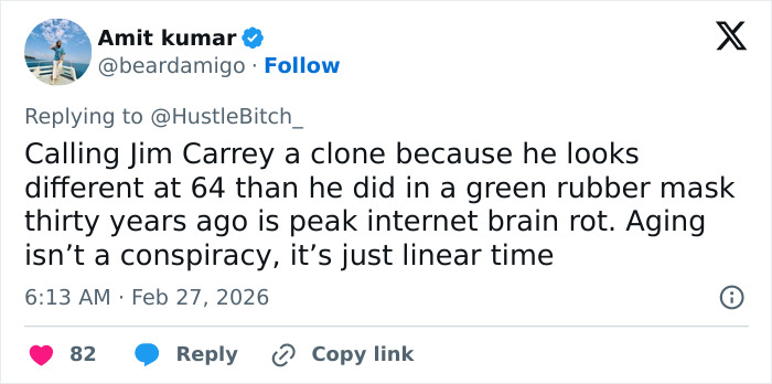 Tweet from Amit Kumar addressing fans speculating about Jim Carrey clone theory in viral footage, discussing aging and time.