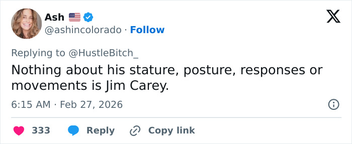 Tweet discussing fans convinced something is off with viral Jim Carrey footage, questioning his posture and movements.