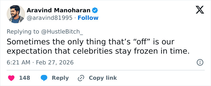 Tweet by Aravind Manoharan discussing fans convinced something is off in viral Jim Carrey footage about celebrity expectations.