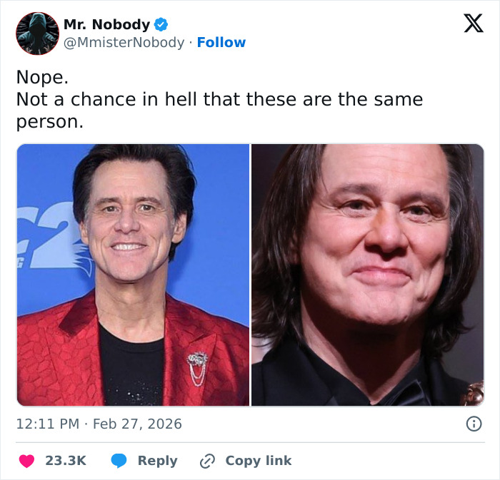 Side-by-side images of Jim Carrey showing fans convinced something is seriously off in viral footage.