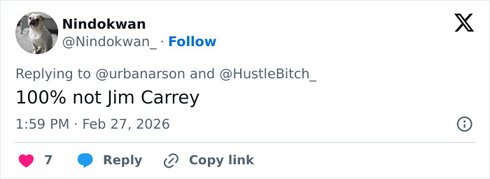 User tweet claiming someone is 100% not Jim Carrey, discussing viral footage with fans convinced something is off.