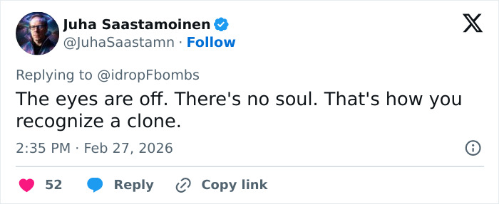 Tweet by Juha Saastamoinen discussing fan theories about something off and clone recognition in viral Jim Carrey footage.