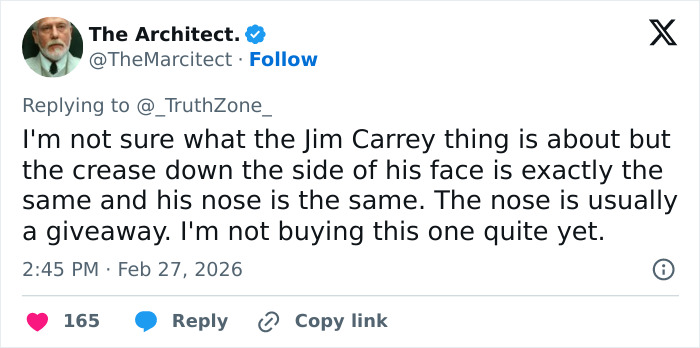 Tweet discussing fans convinced something is off in viral Jim Carrey footage, focusing on facial features comparisons.