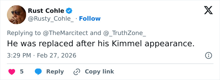 Tweet by Rust Cohle discussing viral Jim Carrey footage with fans convinced something is off after Kimmel appearance.