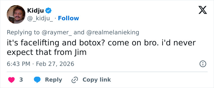 Screenshot of a tweet discussing fans’ concerns about Jim Carrey’s appearance involving facelift and botox rumors.