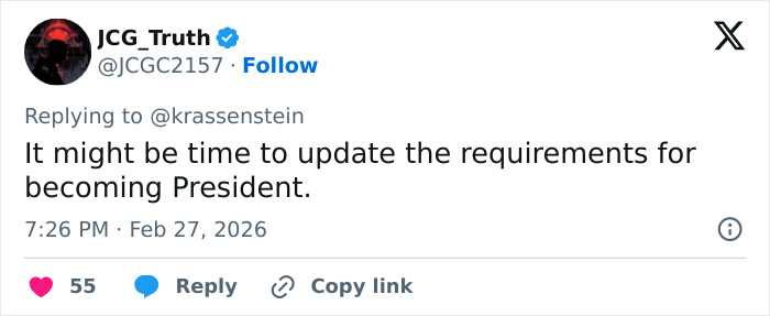 Tweet by JCG_Truth commenting on updating presidential requirements amid Morgan Freeman's scathing remarks on Trump's felonies.