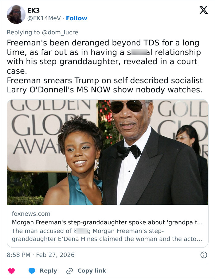 Morgan Freeman and a young woman posing at the Golden Globe Awards highlighting felonies and Trump comments.
