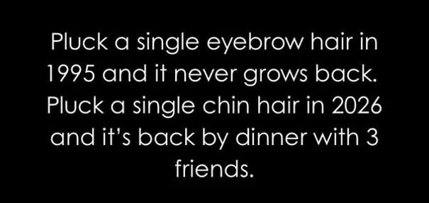 Relatable meme text comparing eyebrow hair growth in 1995 to fast chin hair regrowth in 2026.
