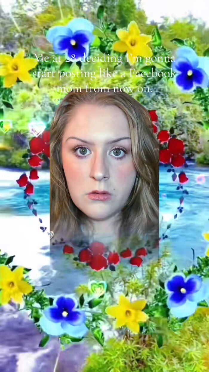 Woman with serious expression surrounded by colorful flowers and water effects, capturing chaotic energy of a mom selfie on social media.
