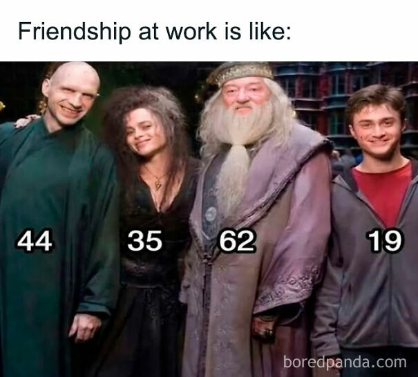 Four Harry Potter characters with ages labeled, illustrating relatable memes about friendship at work dynamics and age diversity.