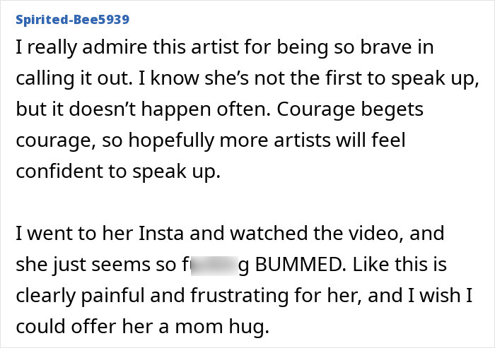 Comment expressing support for indie musician accusing Taylor Swift’s Opalite of copying her video, highlighting courage and frustration.