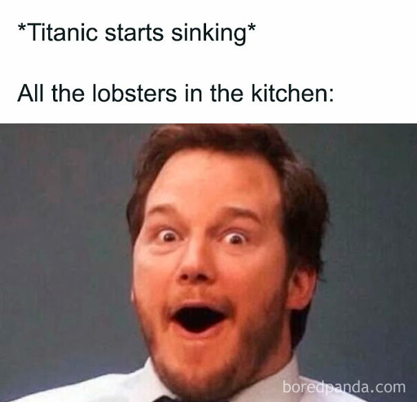 Man with surprised expression reacting to Titanic sinking, a relatable meme that hits way too close to home.