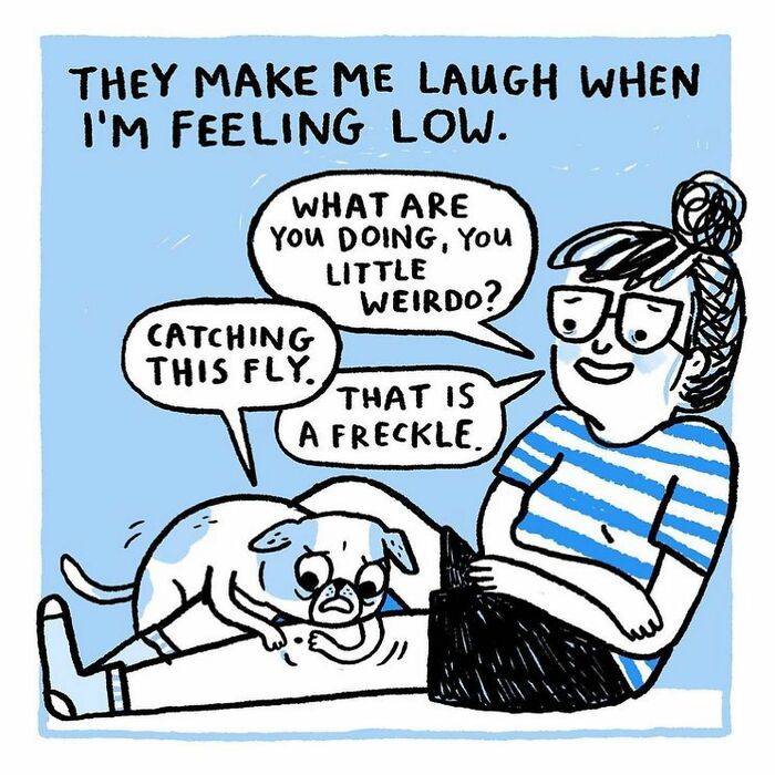 Cartoon of a woman laughing with her pug who is playfully pawing at her leg, illustrating pug owners' quirky behavior.