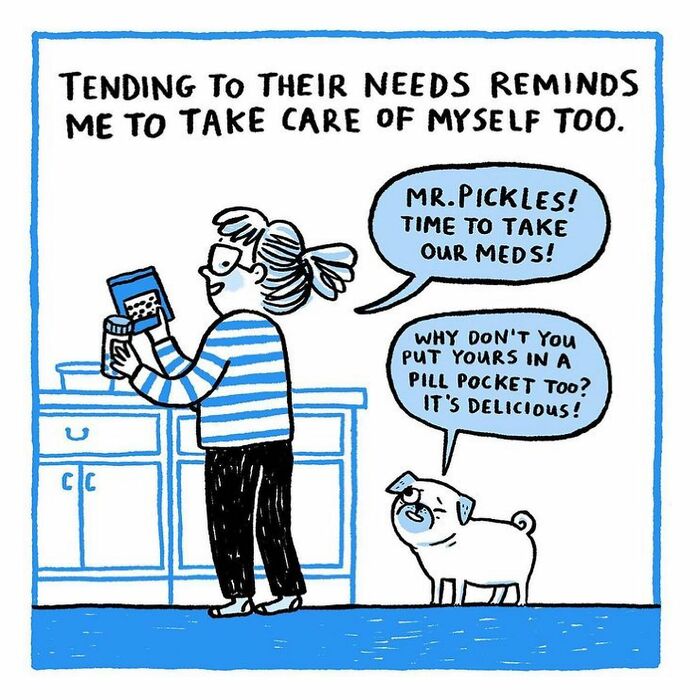 Woman and pug comic illustrating why pug owners care for their pets while managing their own needs.