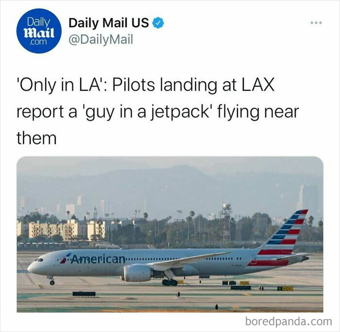 Tweet from Daily Mail US about pilots at LAX spotting a man flying with a jetpack near an American Airlines plane on the runway.