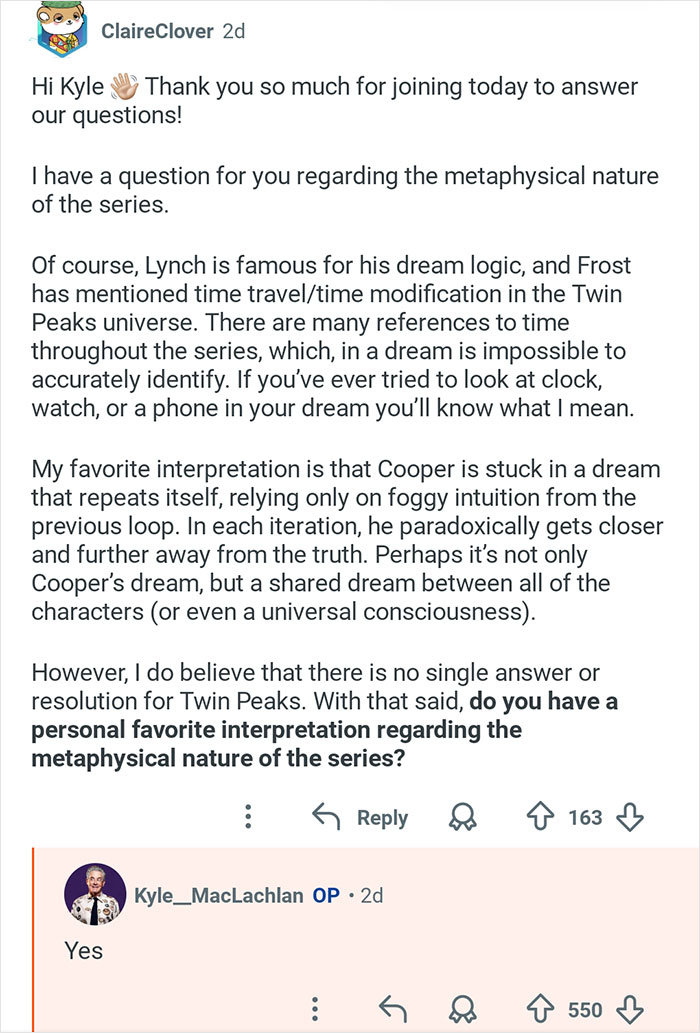 Reddit thread showing Kyle MacLachlan from Twin Peaks briefly answering a fan’s question about the series' metaphysical nature.