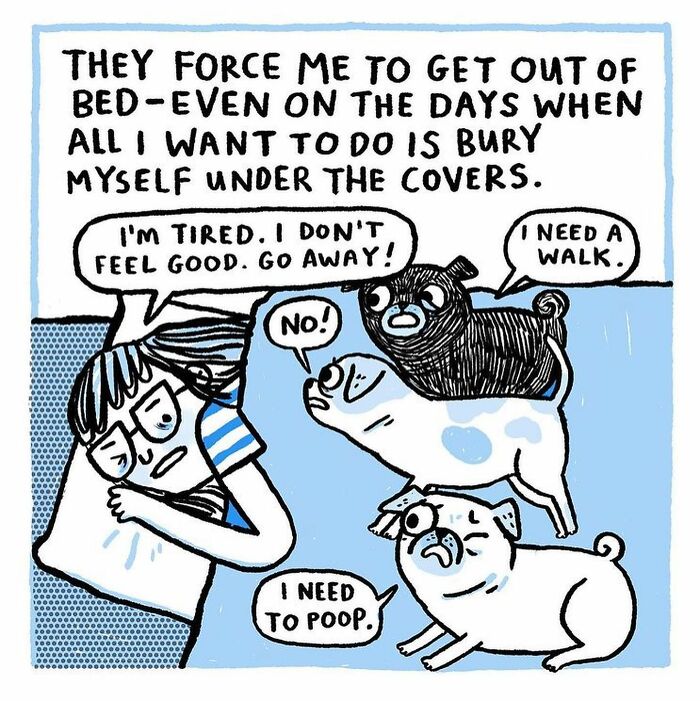 Comic showing a tired pug owner in bed while three pugs demand a walk and to go outside, highlighting pug owner life.