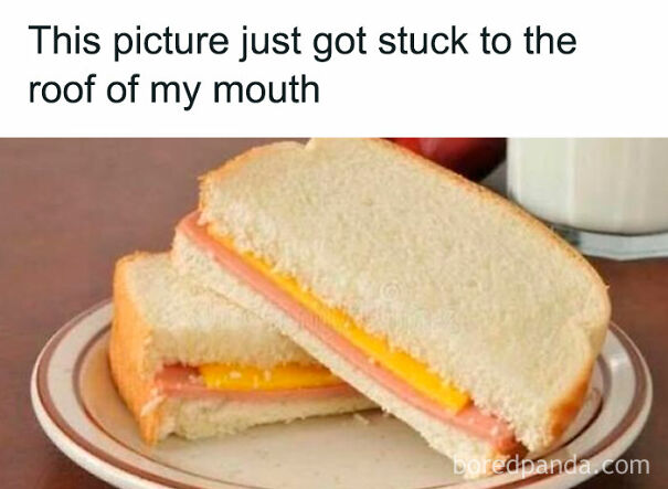 Ham and cheese sandwich on a plate with text about a relatable meme stuck to the roof of the mouth.