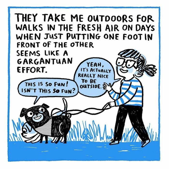 Comic showing a person walking a happy pug outdoors, illustrating why pug owners love fresh air and walks.