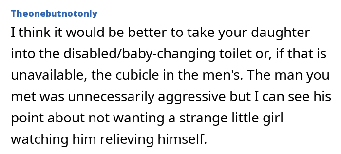 Comment discussing a random guy going psycho on a dad for bringing his 3-year-old daughter inside a men's toilet.