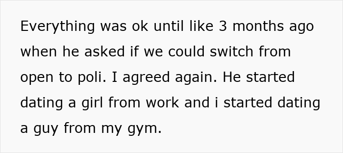 Text showing a woman explaining how she started dating a guy from her gym while her fianc&eacute; dated a girl from work.