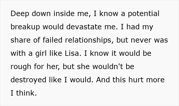 Text from a guy reflecting on a potential breakup and his girlfriend refusing to wear dresses for a wedding.