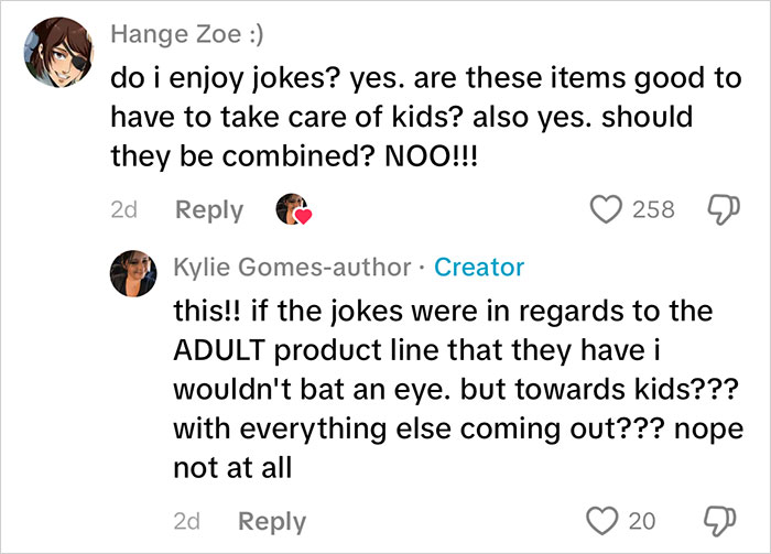 Comments discussing the inappropriate marketing of Frida Mom products and combining adult items with kids’ care.