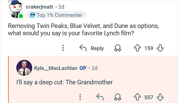 Reddit exchange featuring Kyle MacLachlan from Twin Peaks discussing his favorite L***h film choice.