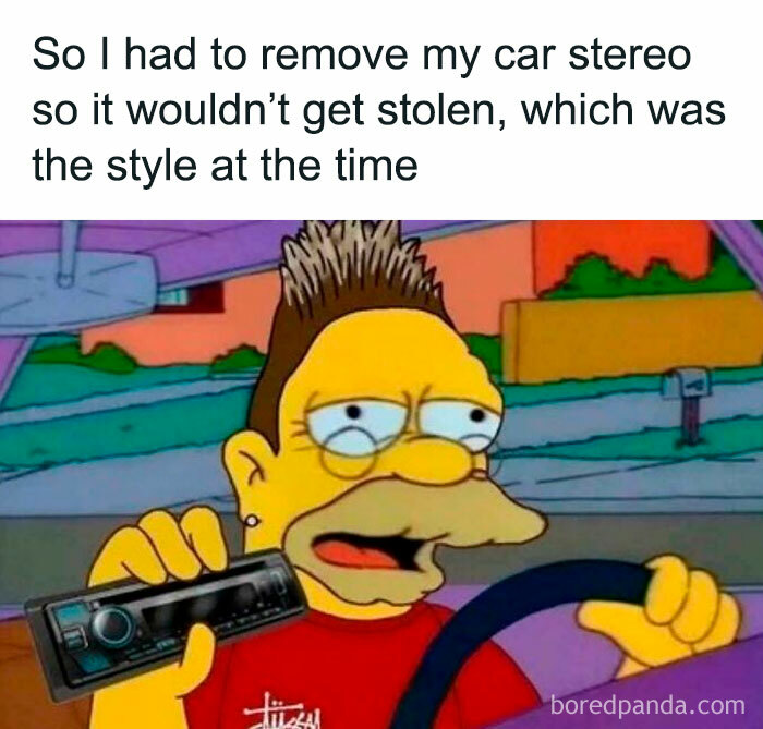 Cartoon character holding a car stereo, referencing nostalgic pics and retro car stereo removal style.