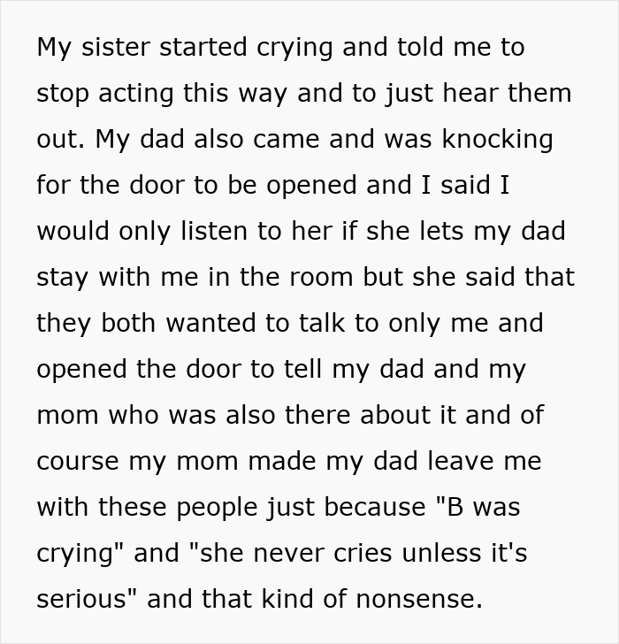 Confession about younger sister in trouble with family tensions and emotional confrontation in a difficult situation.