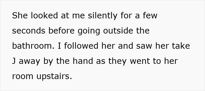 Text excerpt showing a silent moment and following a younger sister taking someone by the hand to her room upstairs in trouble context.