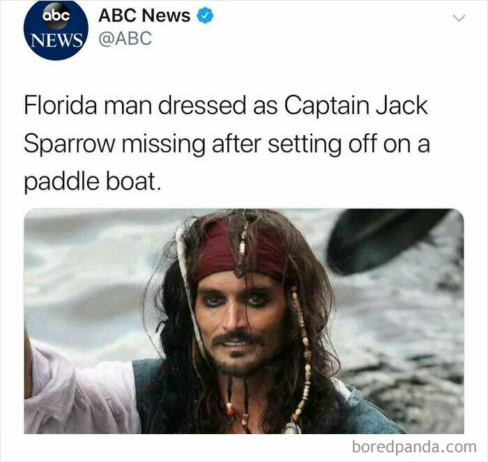 Tweet screenshot reporting a Florida man dressed as Captain Jack Sparrow missing after setting off on a paddle boat, unhinged news headlines.
