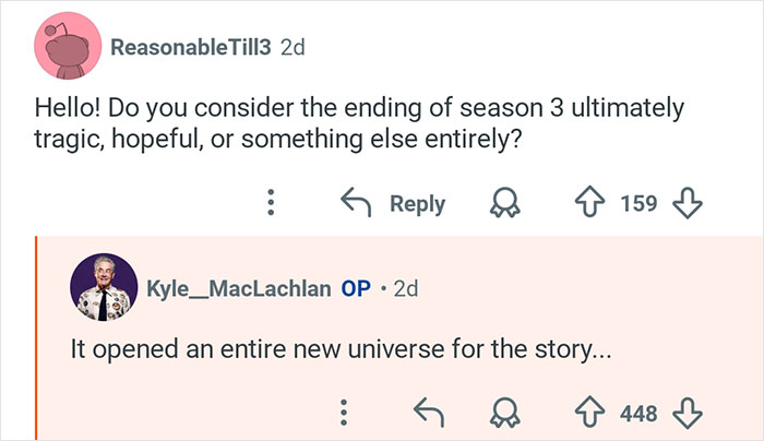 Kyle MacLachlan from Twin Peaks answering a fan question about the season 3 ending in an online forum.
