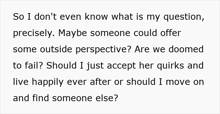 Text of a frustrated guy questioning if he should accept his girlfriend's refusal to wear dresses for a wedding or move on.