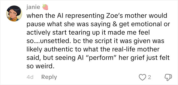 Comment expressing discomfort with AI portrayal in Lucy Letby documentary, highlighting Netflix creative decision backlash.
