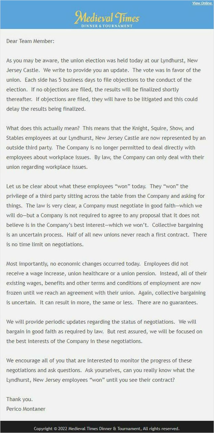 CEO Of Medieval Times Email To Company After New Jersey Castle Unionized