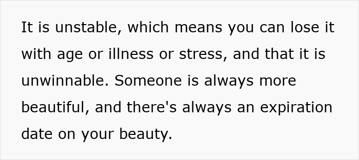 Text on a white background explaining why beauty standards are unstable, causing women to lose their beauty with age or stress. Text on a white background explaining why beauty standards are unstable, causing women to lose their beauty with age or stress.
