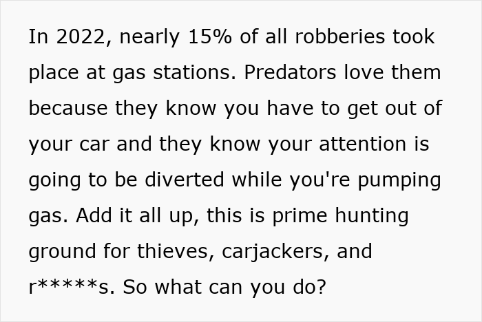 Text explaining robbery risks at gas stations in 2022 with safety tips from a former FBI agent for women.