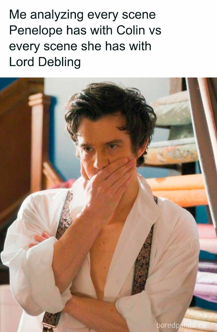 Man in period costume thoughtfully analyzing Bridgerton scenes, reflecting popular Bridgerton memes for fans of the show.