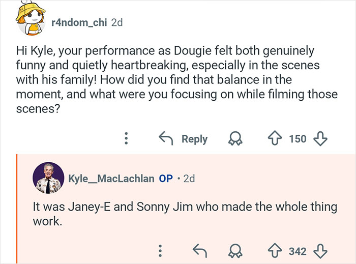 Reddit exchange showing Kyle MacLachlan from Twin Peaks discussing his role as Dougie and scene balance.