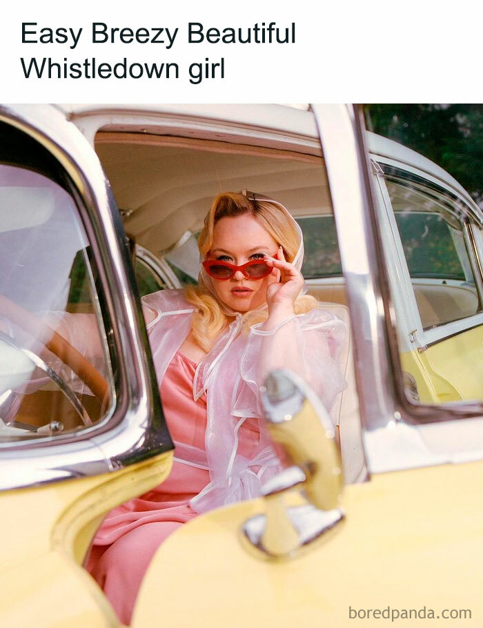 Woman in vintage outfit and red sunglasses sitting in a classic car, Bridgerton memes inspired by Whistledown character.