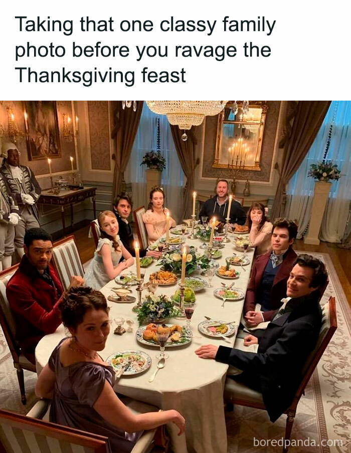 Bridgerton fans enjoying a classy family dinner scene with period costumes and elegant table setting meme.