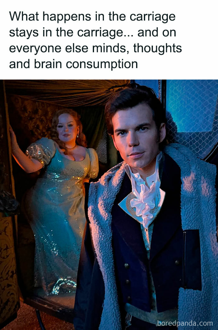 Bridgerton meme showing two characters in period costumes with caption about carriage and thoughts.