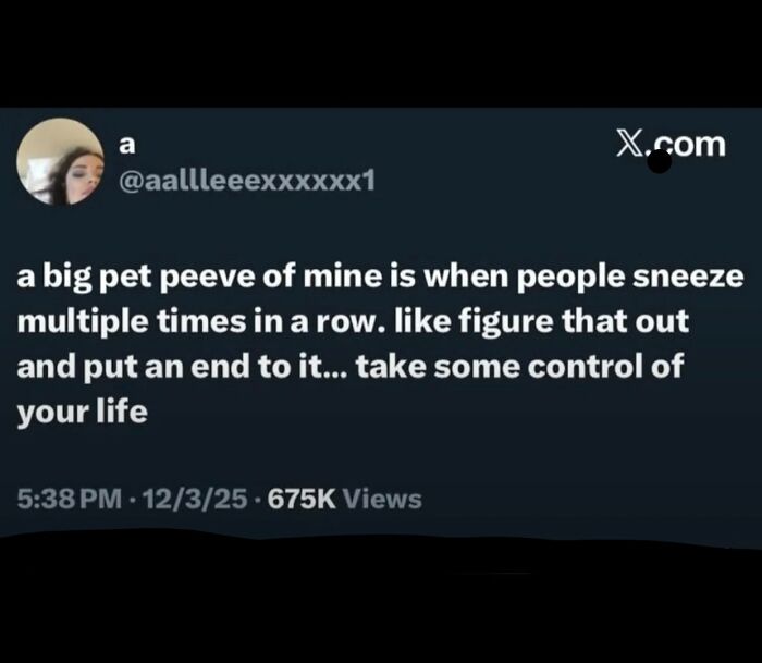 Tweet text about pet peeve of people sneezing multiple times in a row, showcasing hilarious memes with cynicism.
